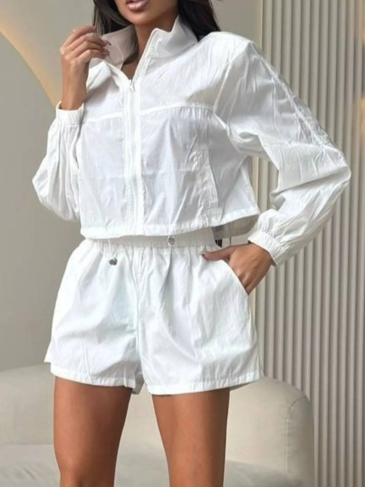 Zip-Up Crop Jacket and High-Waisted Shorts Set - TheMomCo.