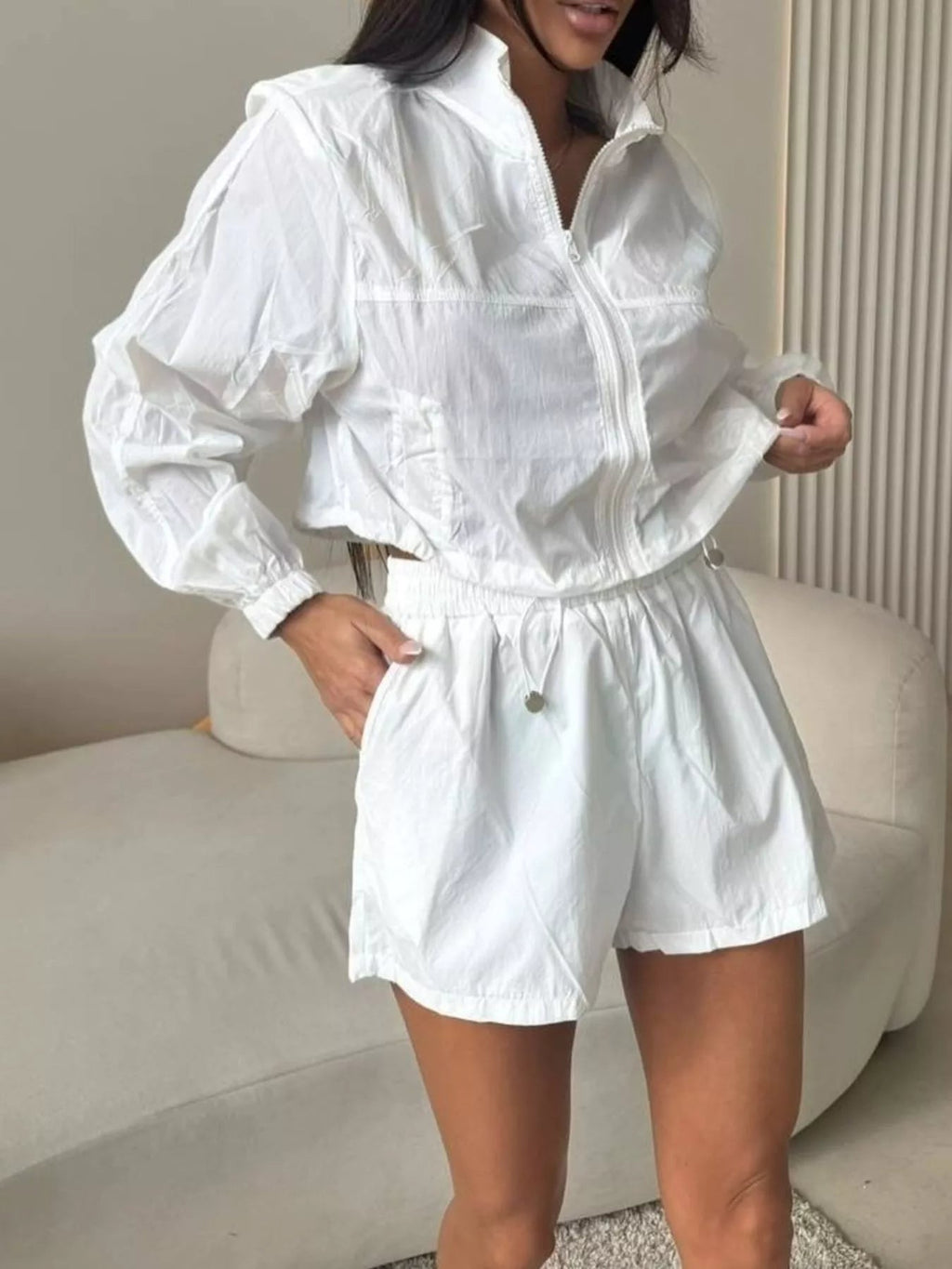 Zip-Up Crop Jacket and High-Waisted Shorts Set - TheMomCo.