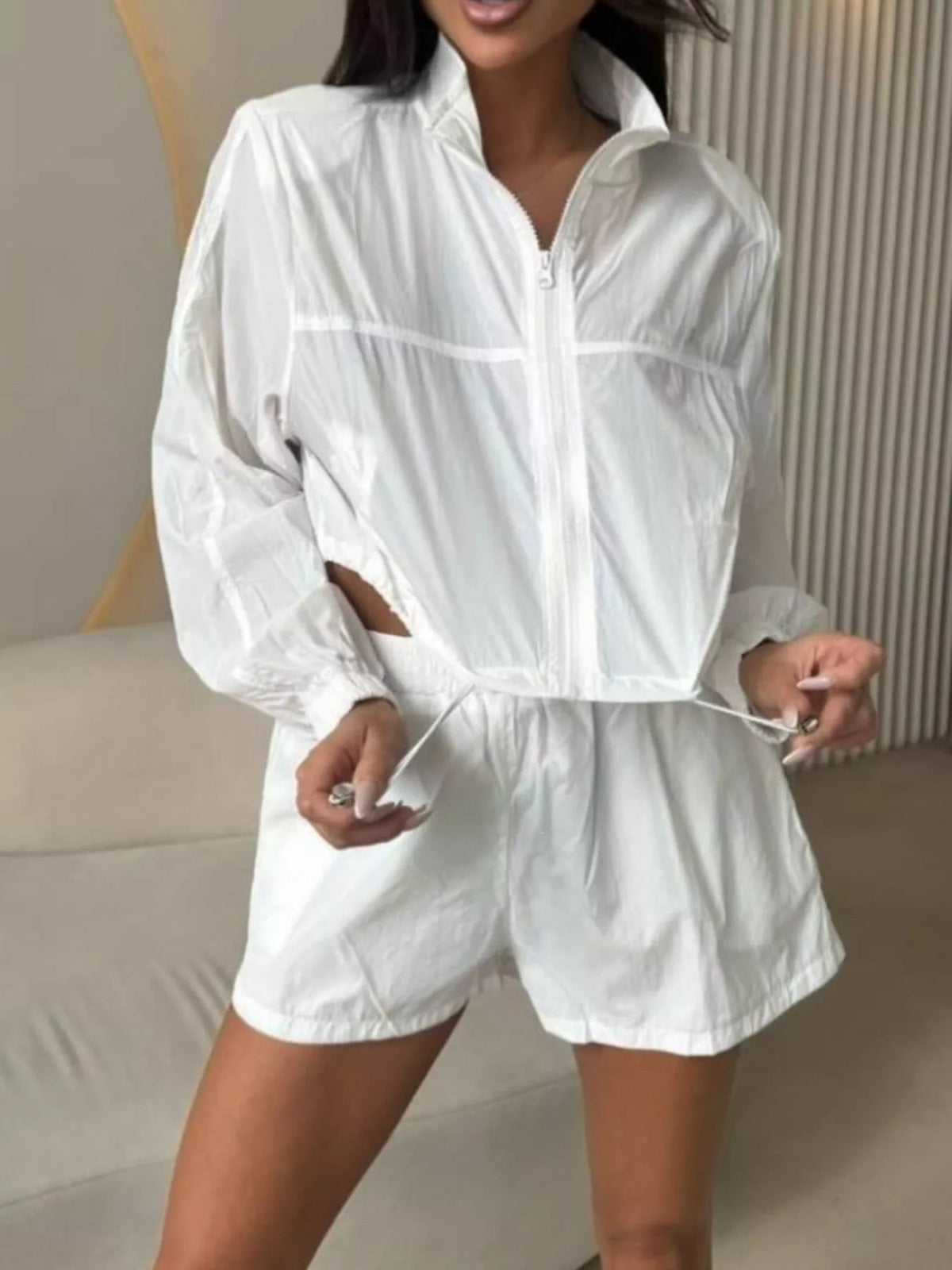 Zip-Up Crop Jacket and High-Waisted Shorts Set - TheMomCo.