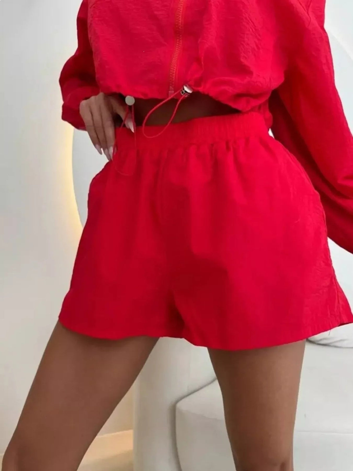 Zip-Up Crop Jacket and High-Waisted Shorts Set - TheMomCo.
