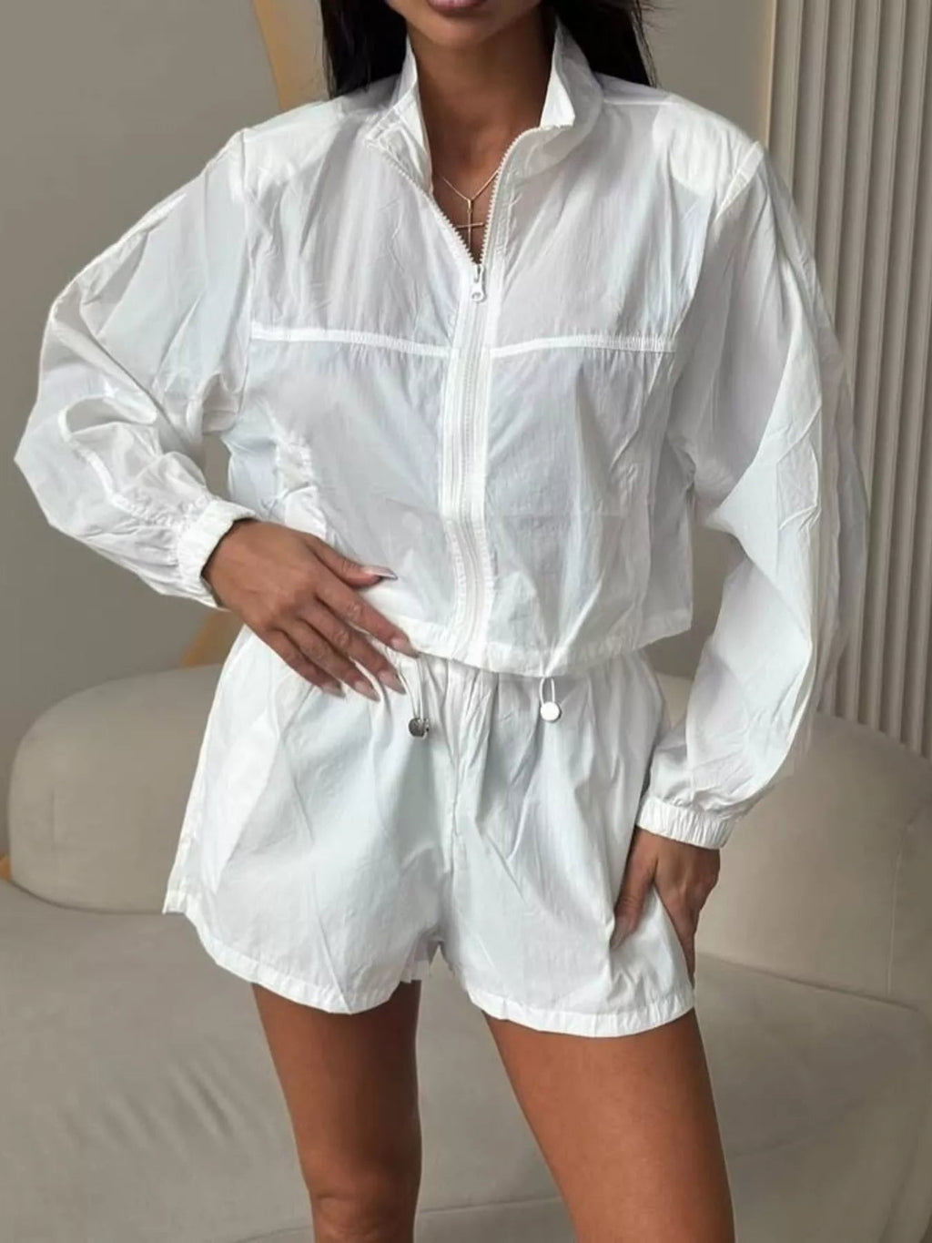 Zip-Up Crop Jacket and High-Waisted Shorts Set - TheMomCo.