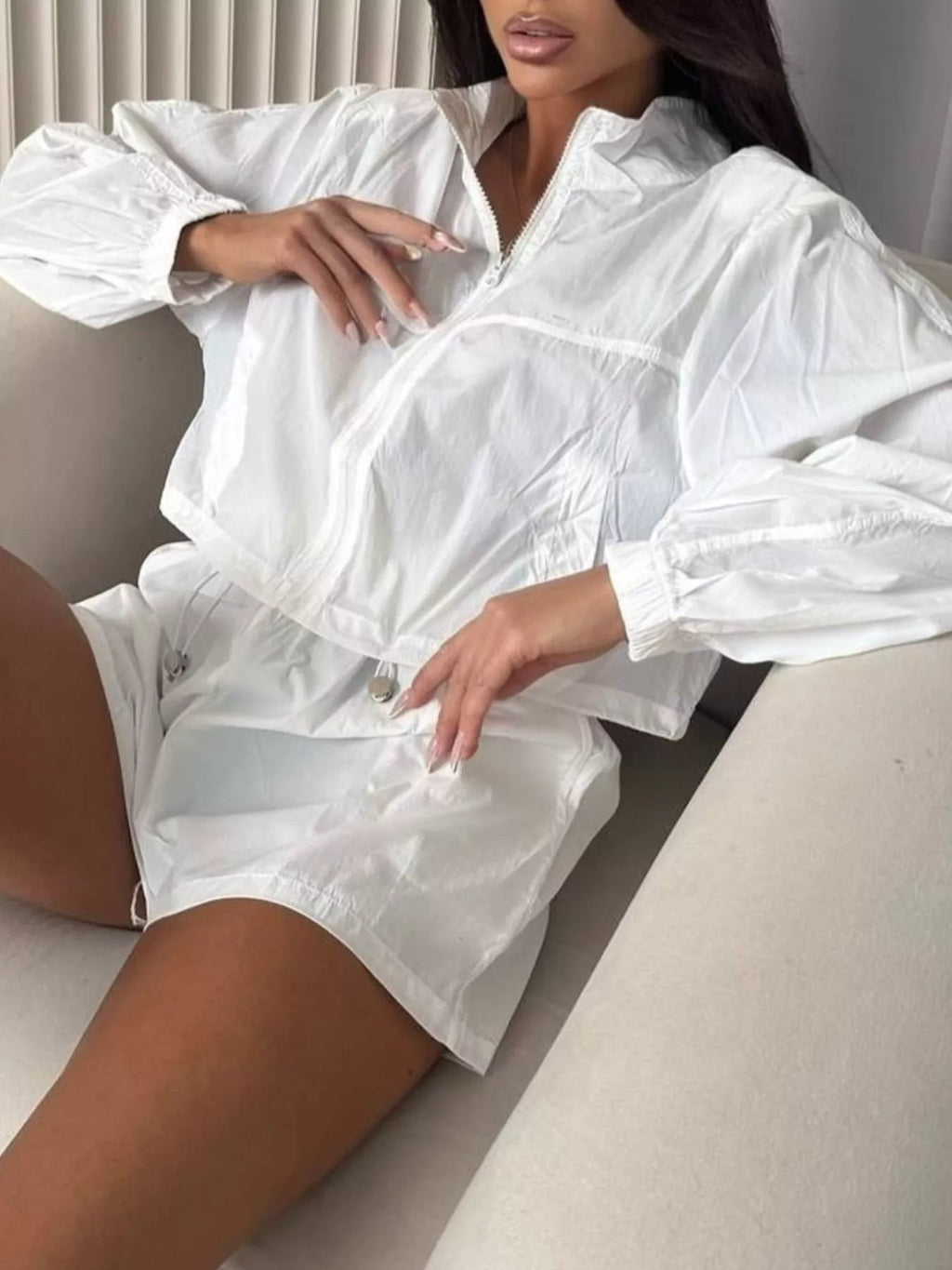 Zip-Up Crop Jacket and High-Waisted Shorts Set - TheMomCo.