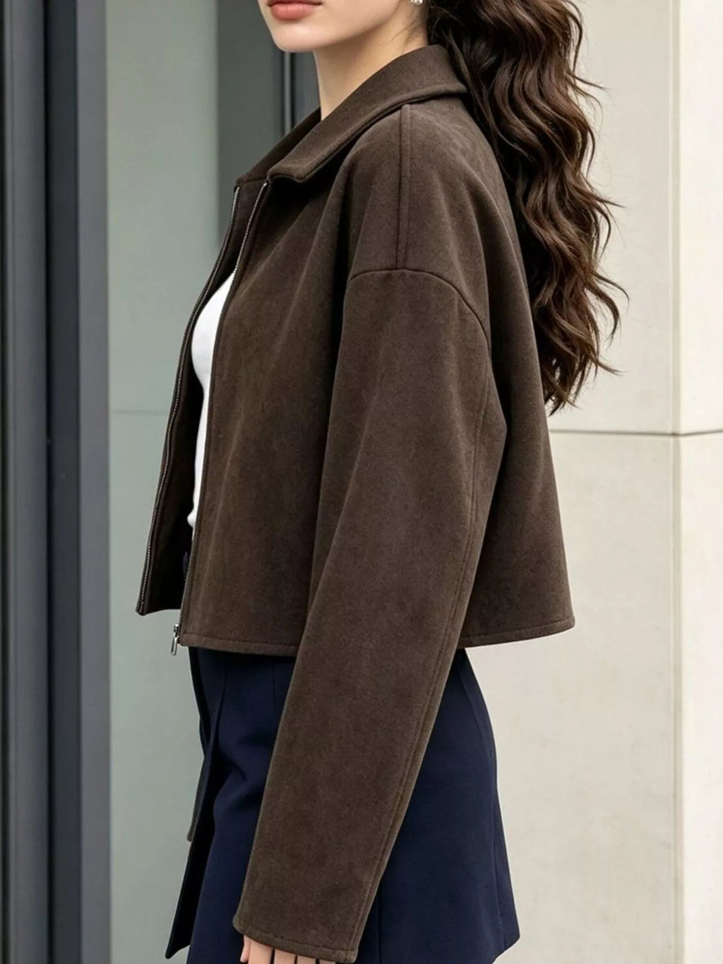 Zip Up Dropped Shoulder Jacket - TheMomCo.