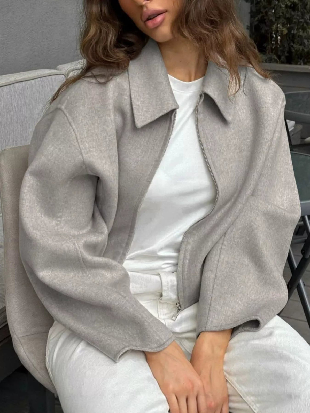 Zip Up Dropped Shoulder Jacket - TheMomCo.