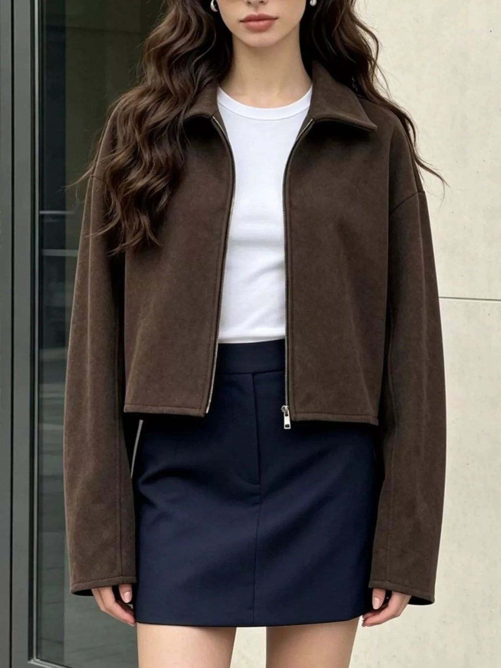 Zip Up Dropped Shoulder Jacket - TheMomCo.