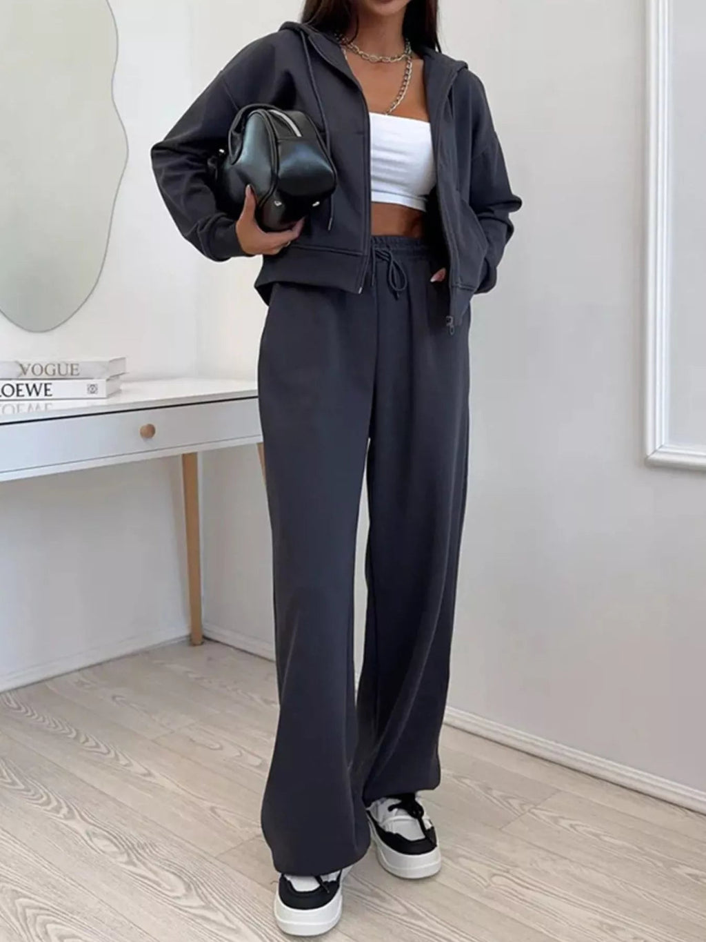 Zip-Up Hoodie and Wide-Leg Pants Set - TheMomCo.