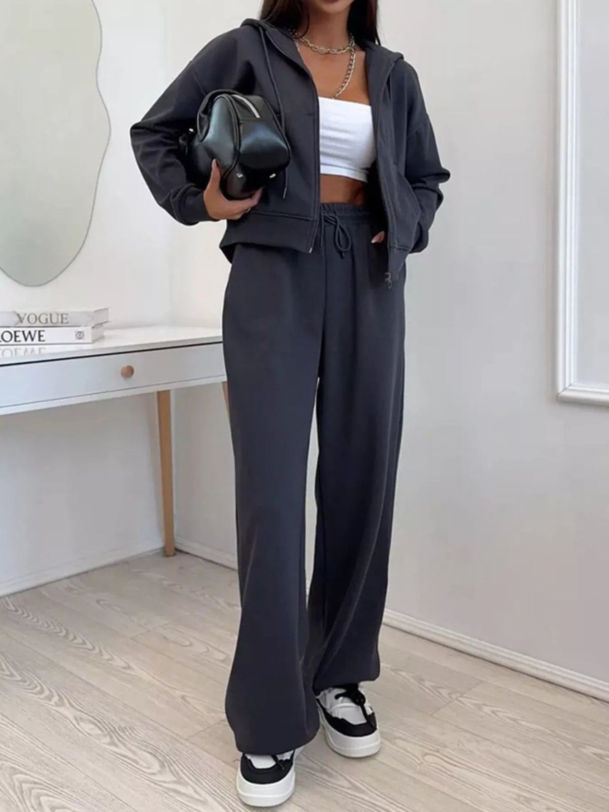 Zip-Up Hoodie and Wide-Leg Pants Set - TheMomCo.