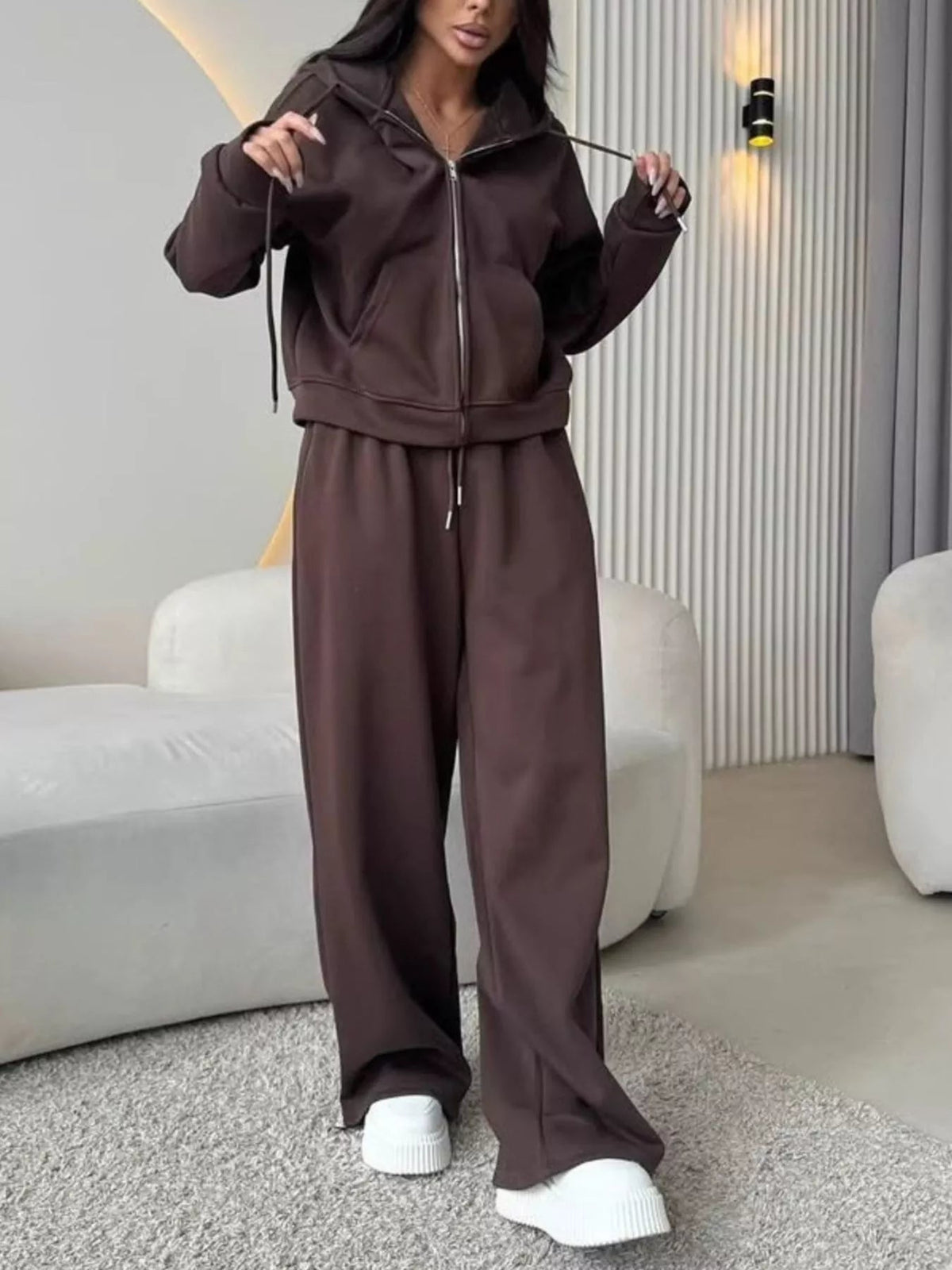 Zip-Up Hoodie and Wide-Leg Pants Set - TheMomCo.