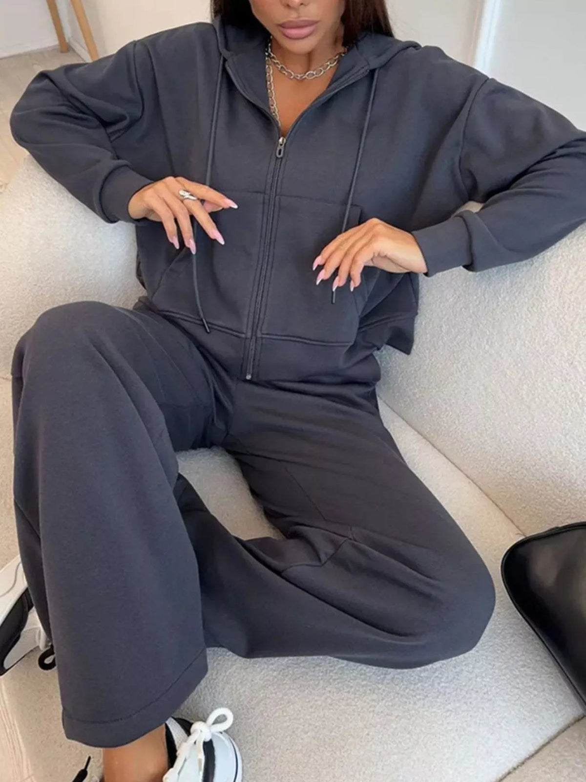 Zip-Up Hoodie and Wide-Leg Pants Set - TheMomCo.