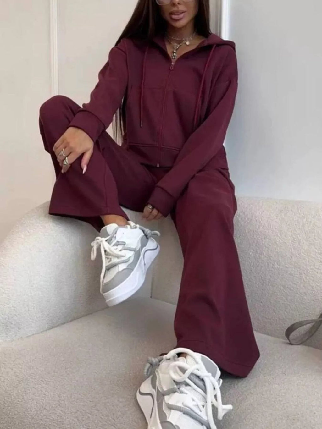 Zip-Up Hoodie and Wide-Leg Pants Set - TheMomCo.