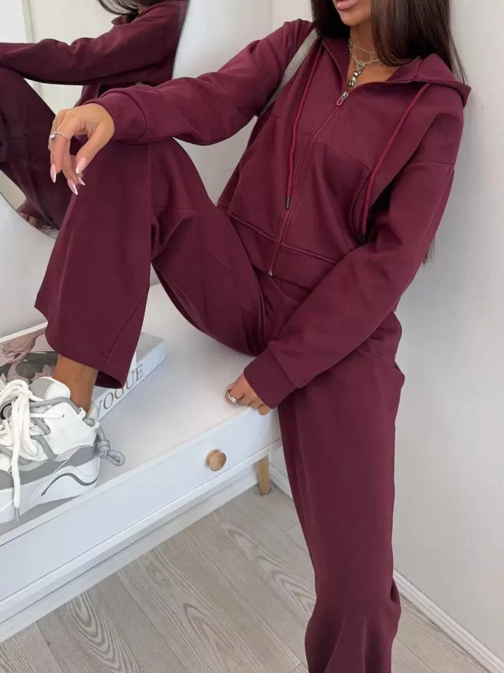 Zip-Up Hoodie and Wide-Leg Pants Set - TheMomCo.