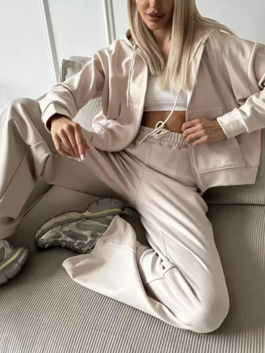 Zip-Up Hoodie and Wide-Leg Pants Set - TheMomCo.