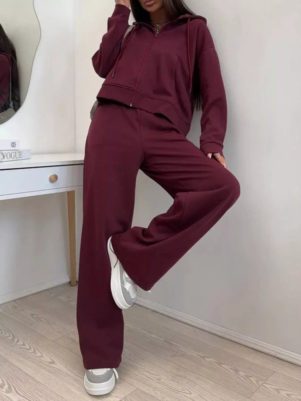 Zip-Up Hoodie and Wide-Leg Pants Set - TheMomCo.