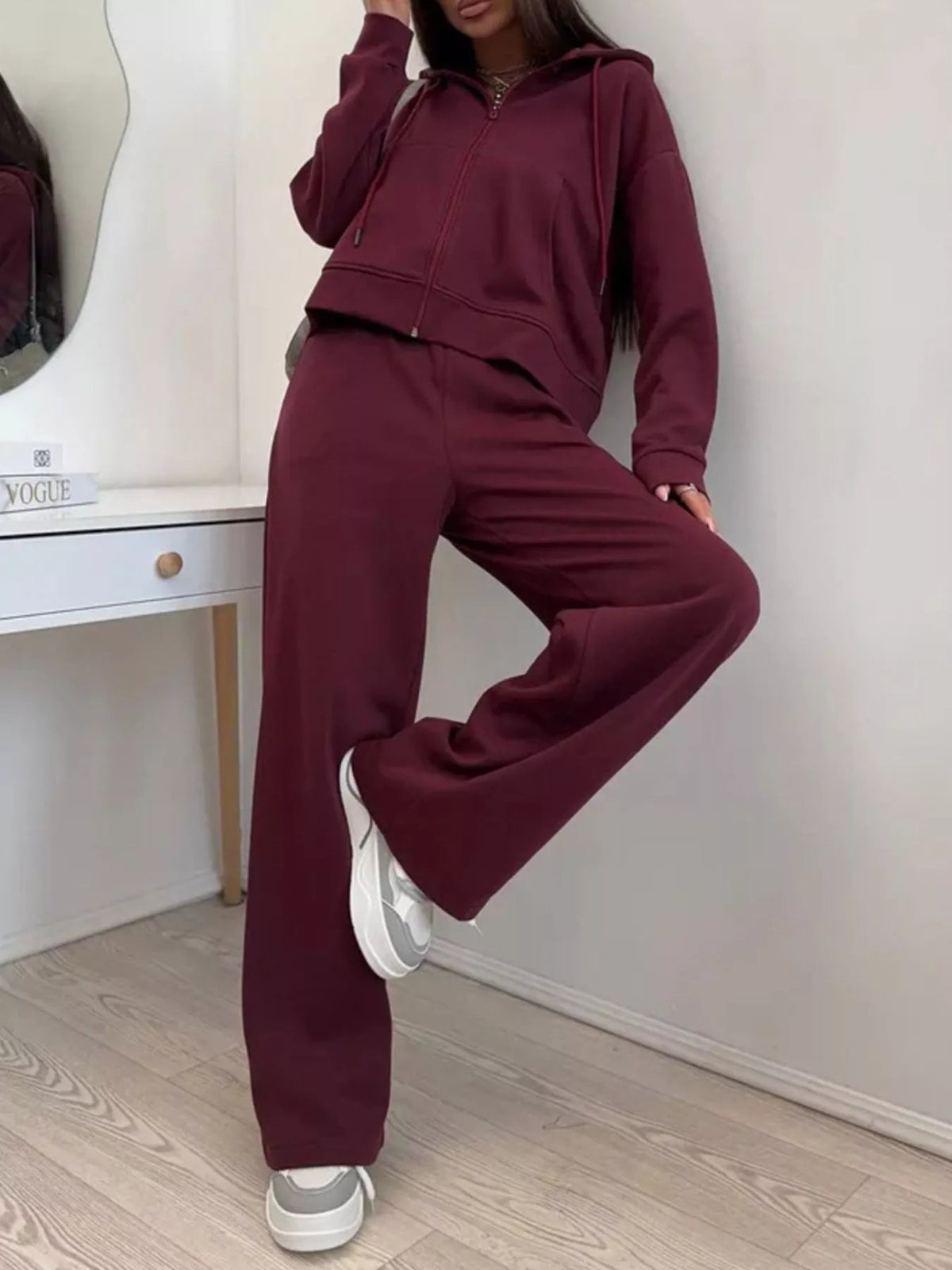 Zip-Up Hoodie and Wide-Leg Pants Set - TheMomCo.