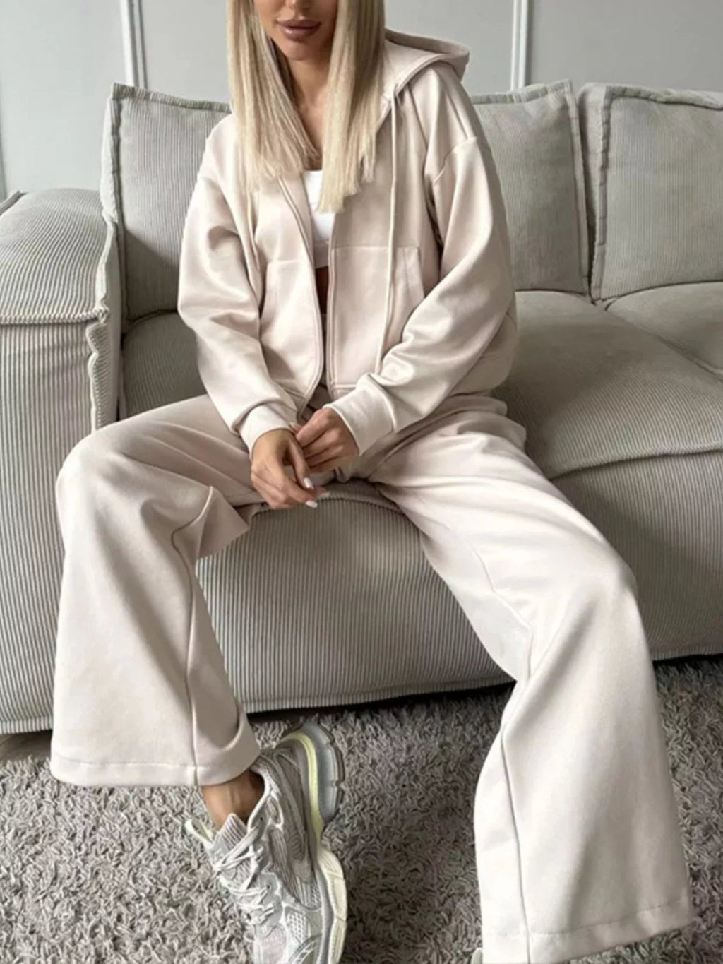 Zip-Up Hoodie and Wide-Leg Pants Set - TheMomCo.