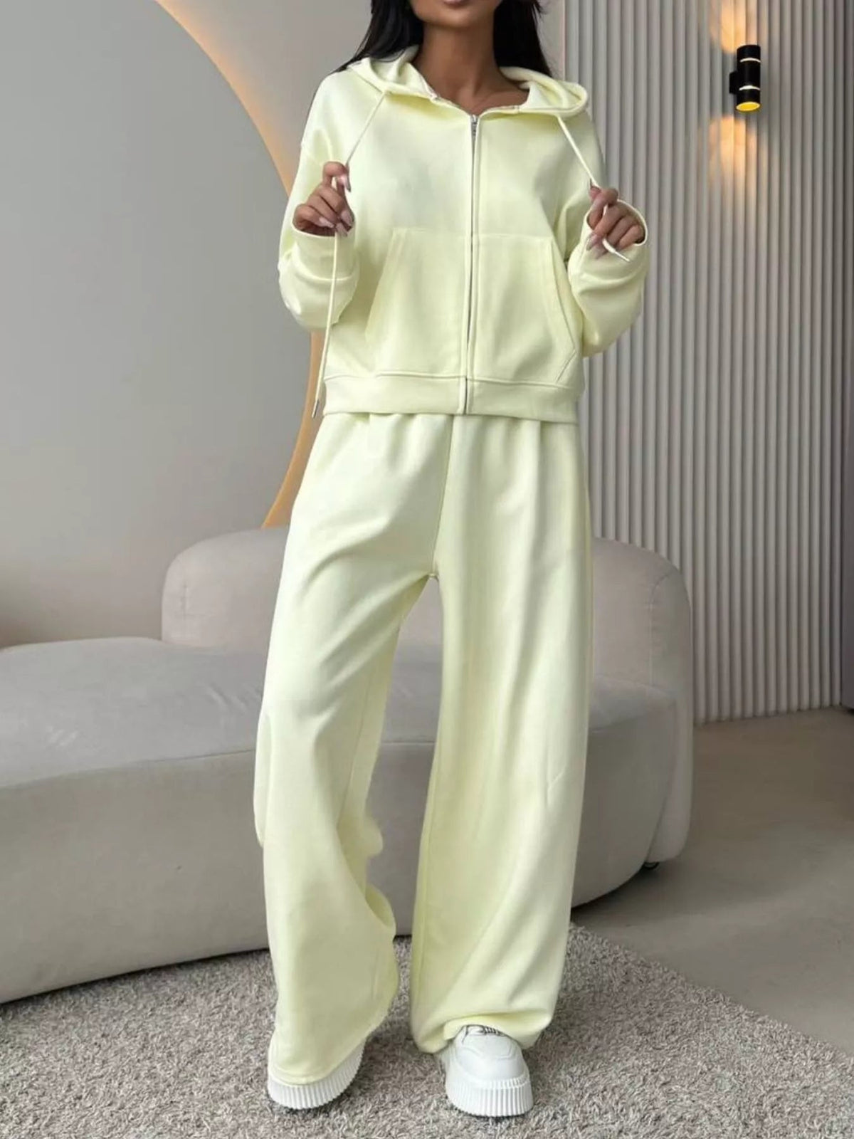Zip-Up Hoodie and Wide-Leg Pants Set - TheMomCo.