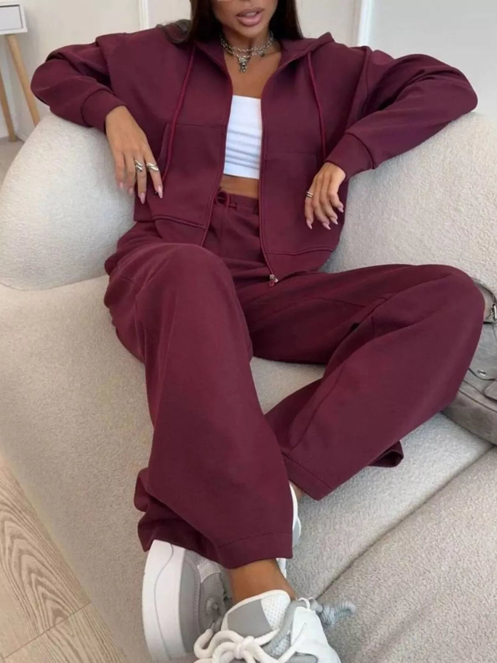 Zip-Up Hoodie and Wide-Leg Pants Set - TheMomCo.