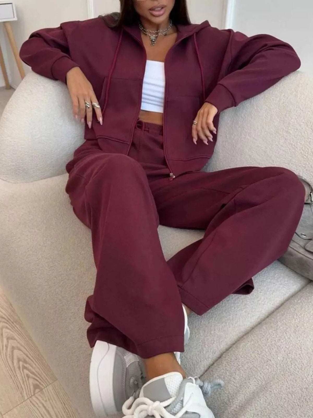 Zip-Up Hoodie and Wide-Leg Pants Set - TheMomCo.