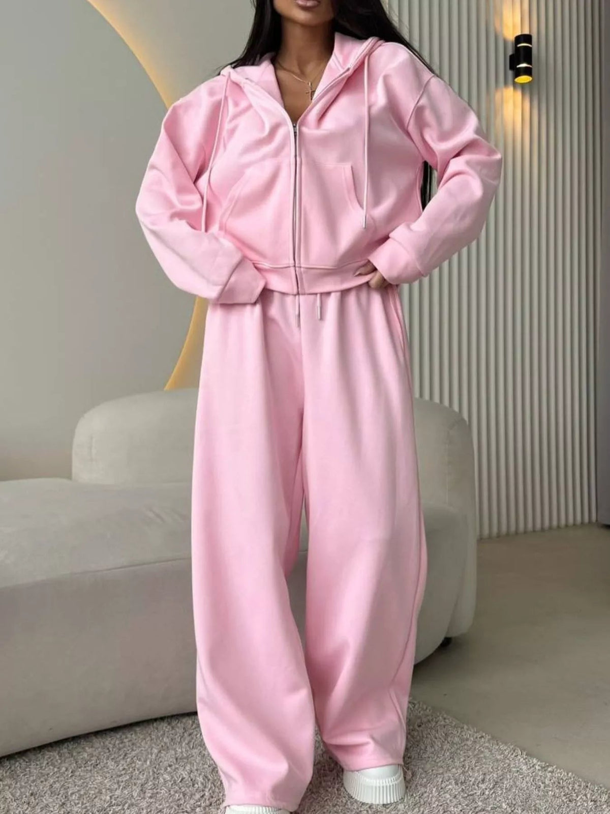Zip-Up Hoodie and Wide-Leg Pants Set - TheMomCo.