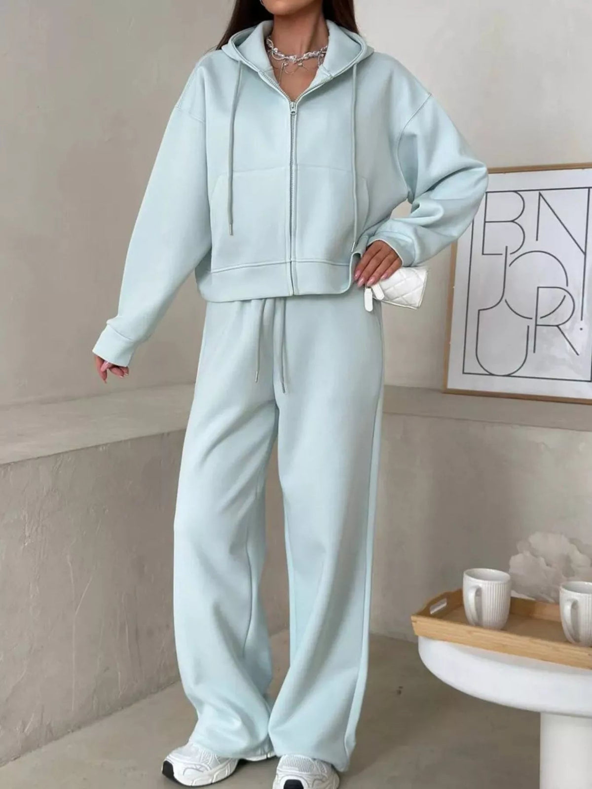 Zip-Up Hoodie and Wide-Leg Pants Set - TheMomCo.
