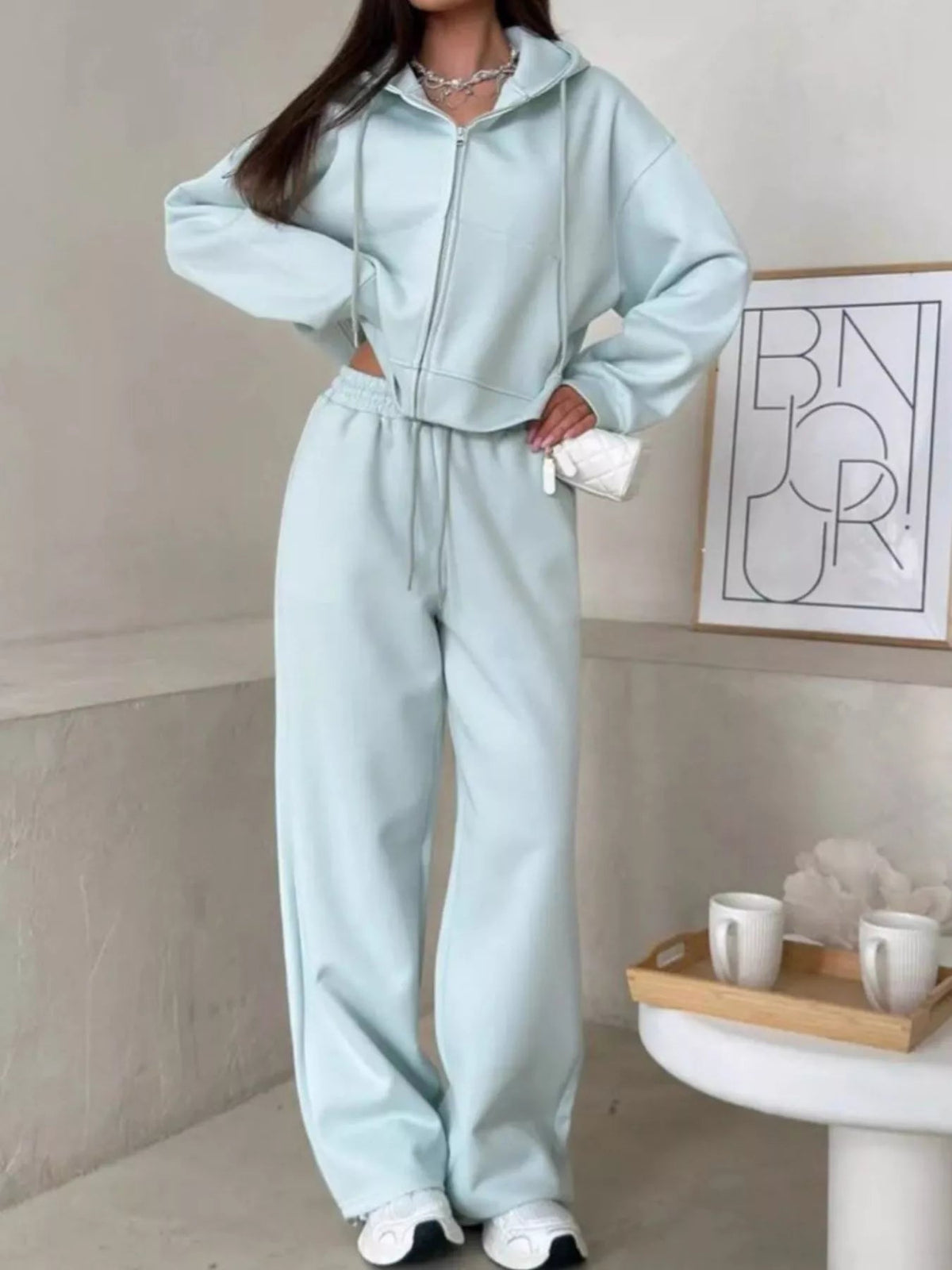 Zip-Up Hoodie and Wide-Leg Pants Set - TheMomCo.