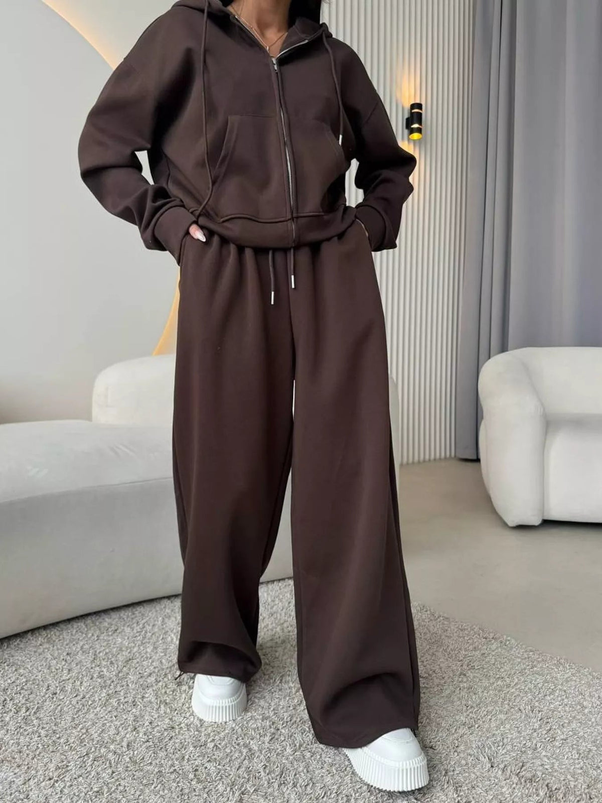 Zip-Up Hoodie and Wide-Leg Pants Set - TheMomCo.
