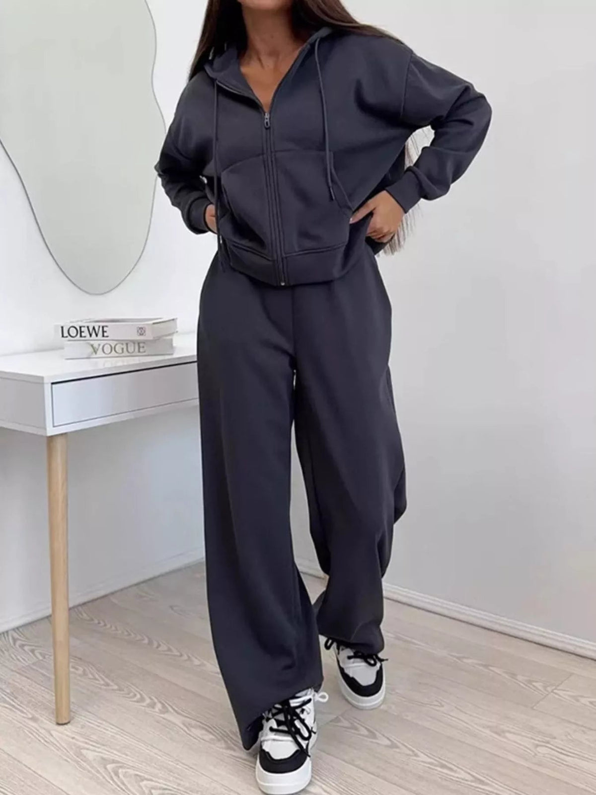Zip-Up Hoodie and Wide-Leg Pants Set - TheMomCo.