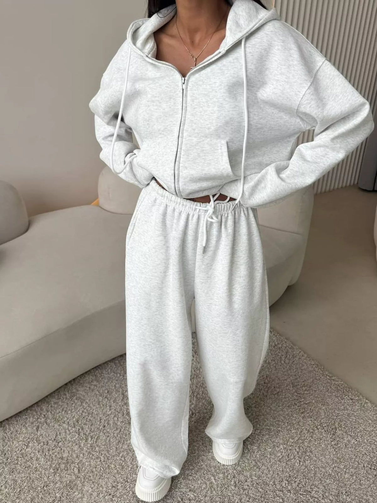 Zip-Up Hoodie and Wide-Leg Pants Set - TheMomCo.