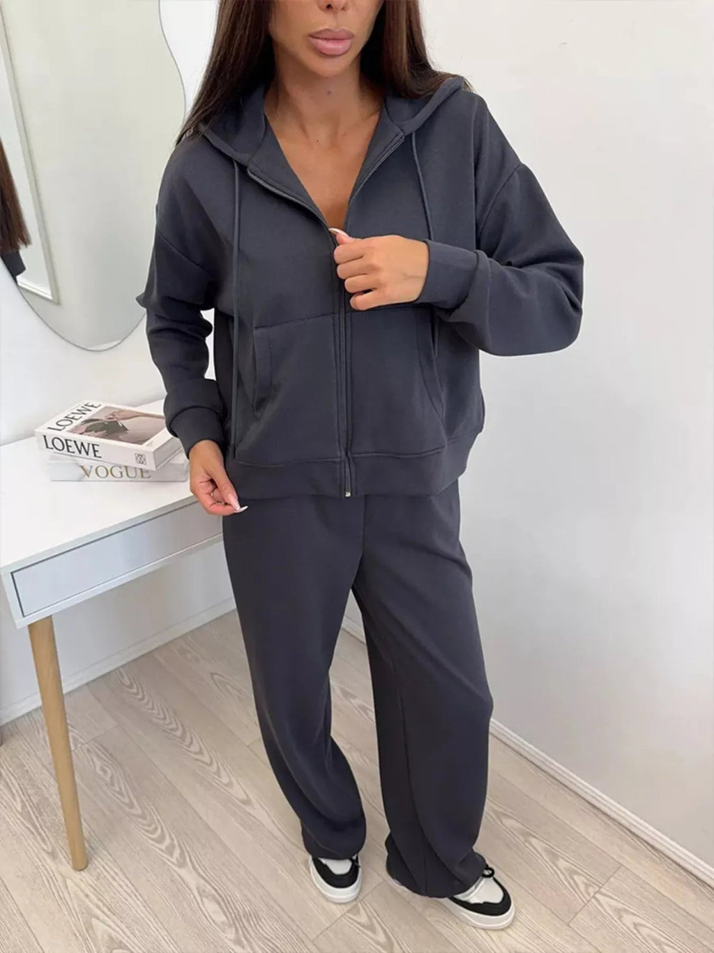 Zip-Up Hoodie and Wide-Leg Pants Set - TheMomCo.