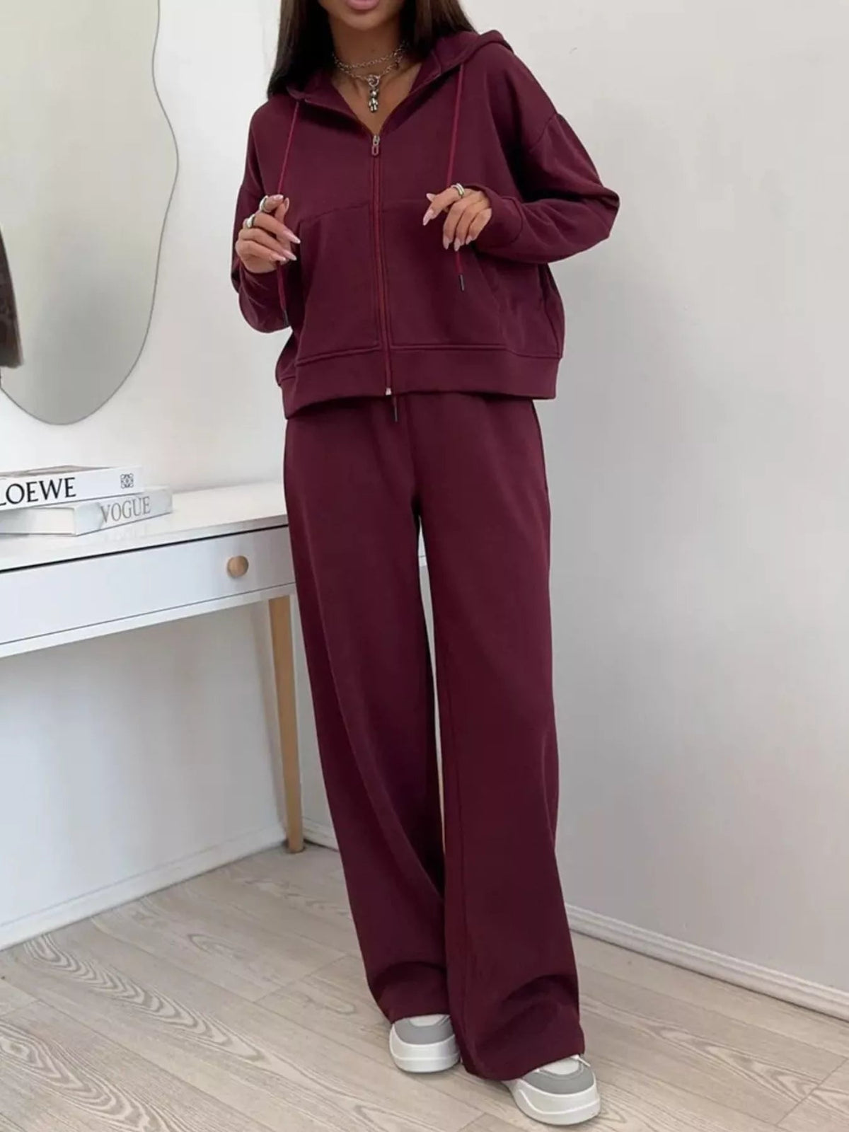 Zip-Up Hoodie and Wide-Leg Pants Set - TheMomCo.