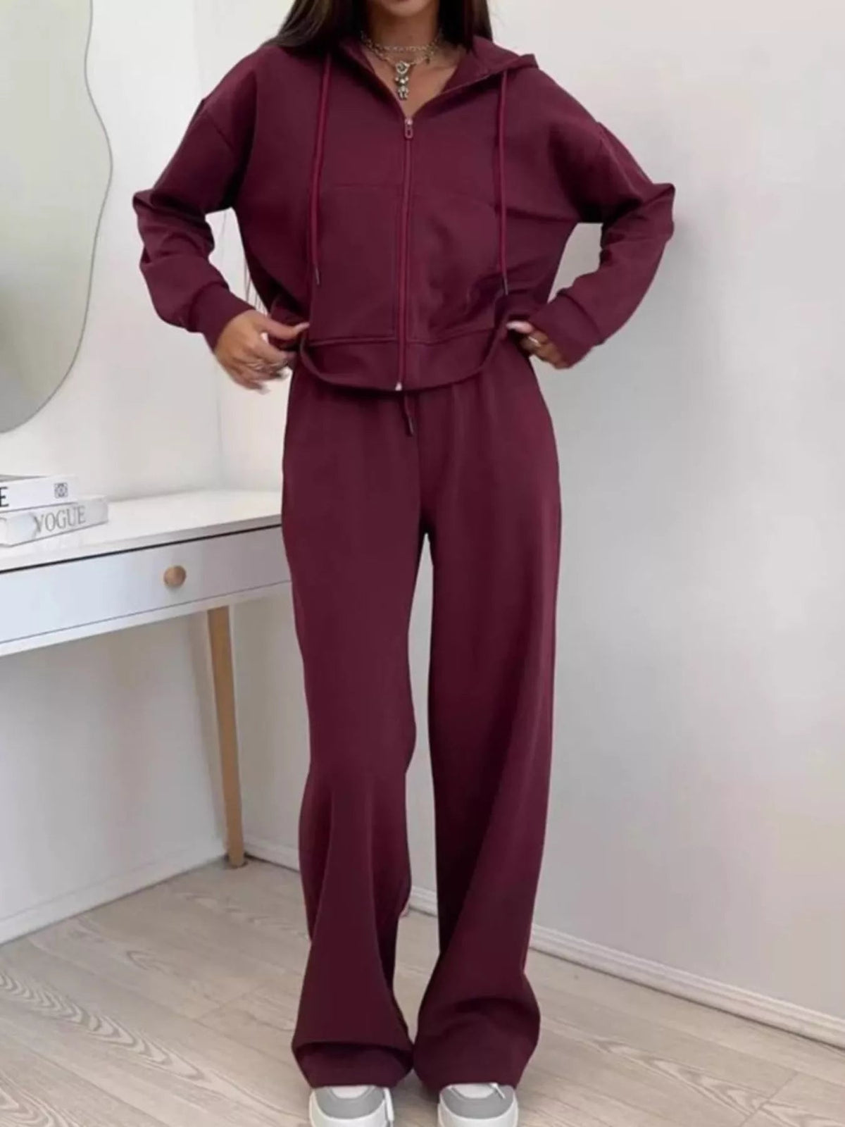 Zip-Up Hoodie and Wide-Leg Pants Set - TheMomCo.