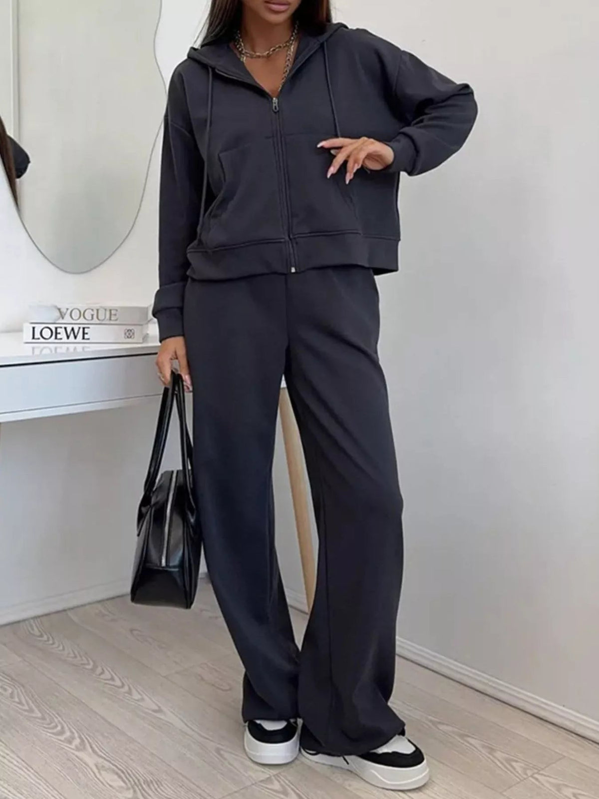 Zip-Up Hoodie and Wide-Leg Pants Set - TheMomCo.