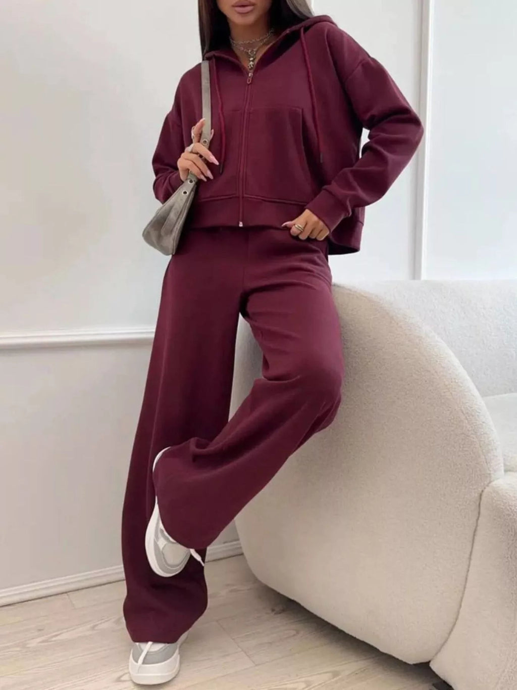 Zip-Up Hoodie and Wide-Leg Pants Set - TheMomCo.