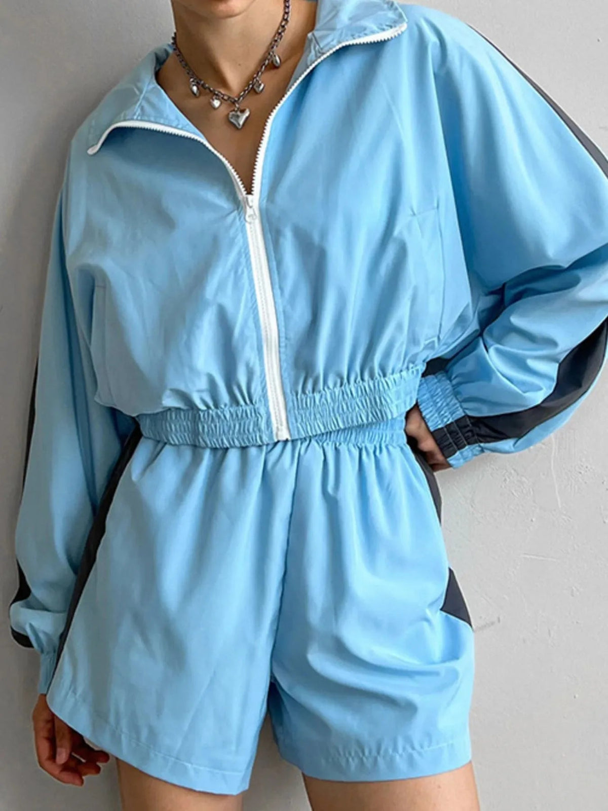 Zip Up Long Sleeve Jacket and Shorts Set - TheMomCo.