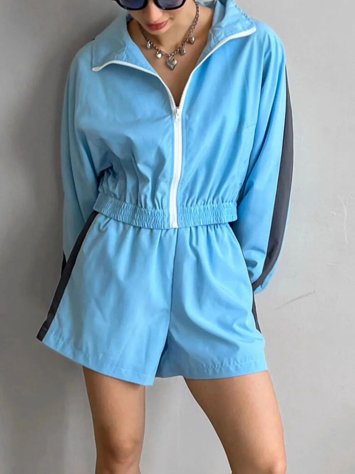 Zip Up Long Sleeve Jacket and Shorts Set - TheMomCo.