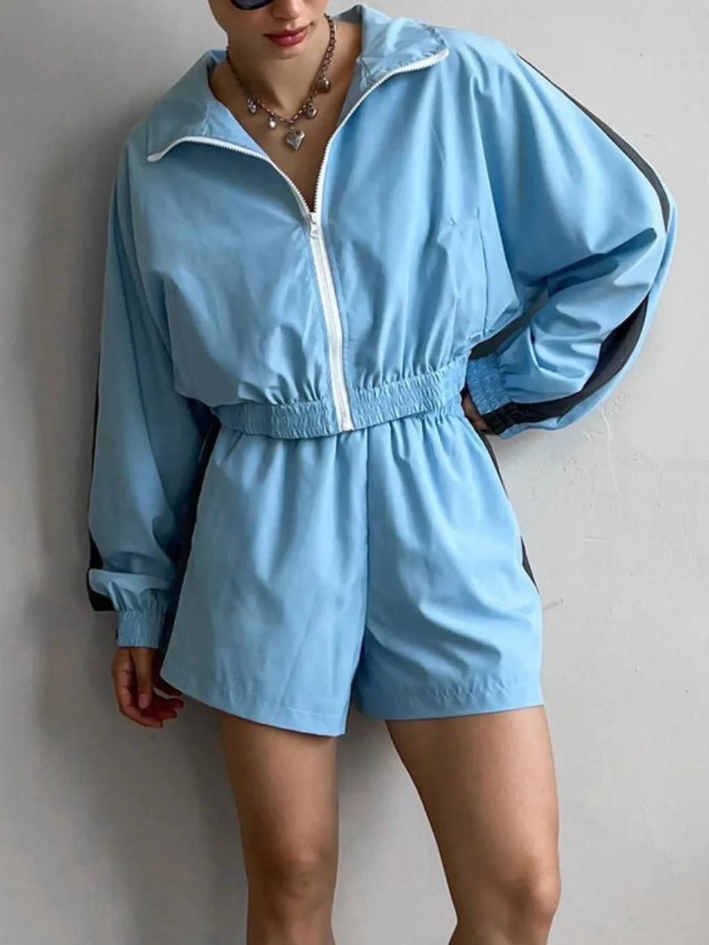 Zip Up Long Sleeve Jacket and Shorts Set - TheMomCo.