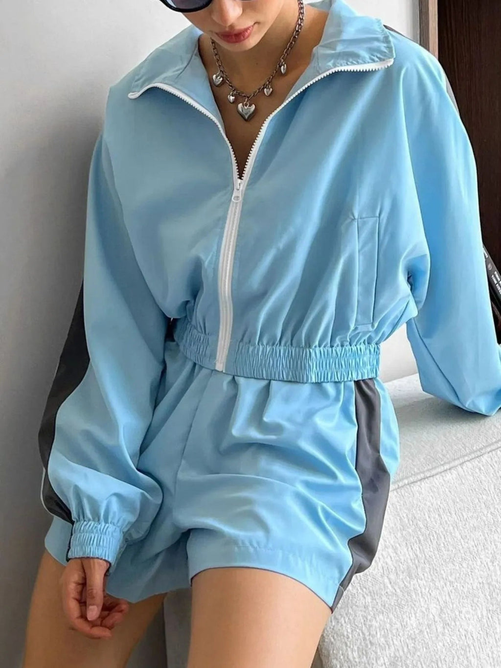 Zip Up Long Sleeve Jacket and Shorts Set - TheMomCo.
