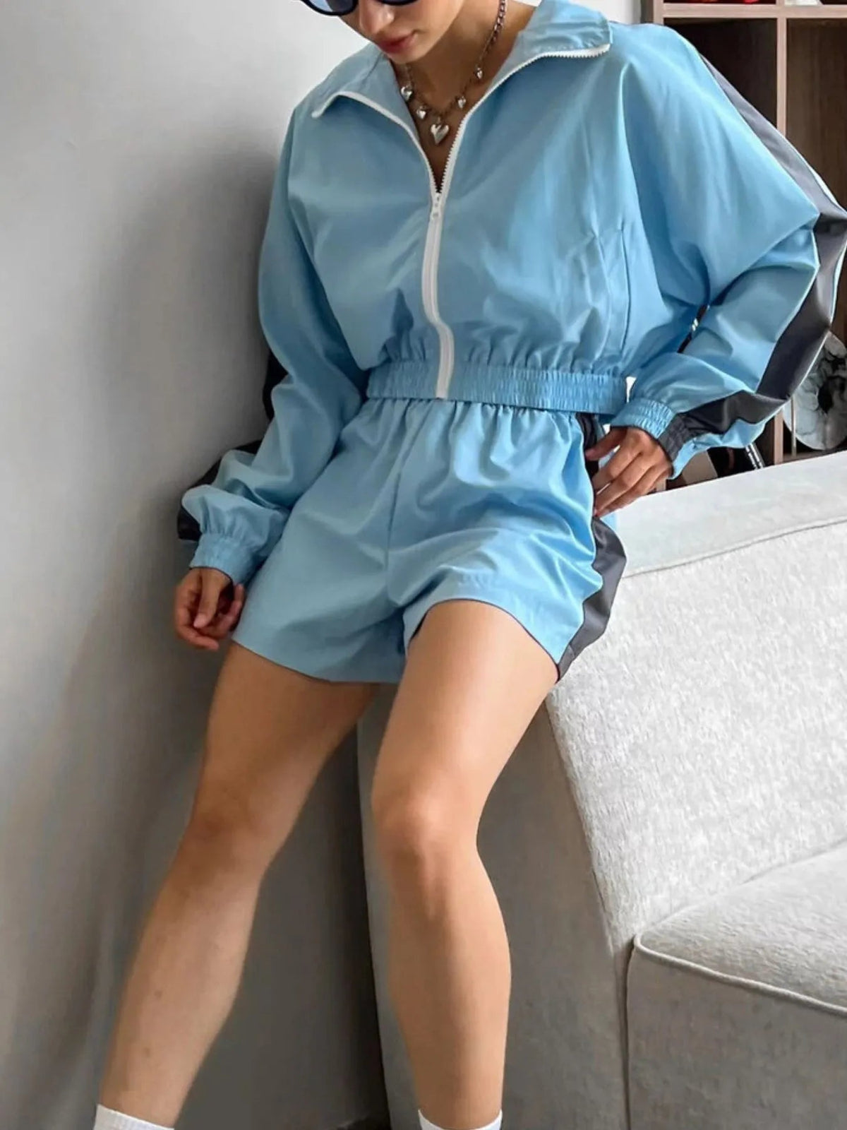Zip Up Long Sleeve Jacket and Shorts Set - TheMomCo.