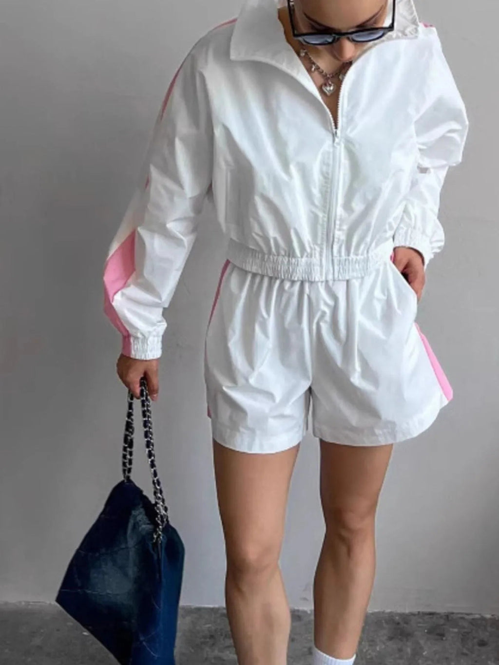 Zip Up Long Sleeve Jacket and Shorts Set - TheMomCo.